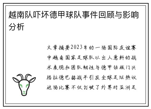 越南队吓坏德甲球队事件回顾与影响分析